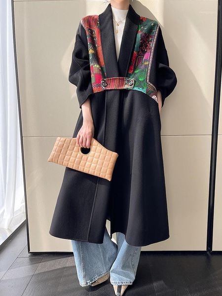 

women's wool & blends double sided cashmere coat long cloak autumn and winter 2021 loose printed high-end, Black
