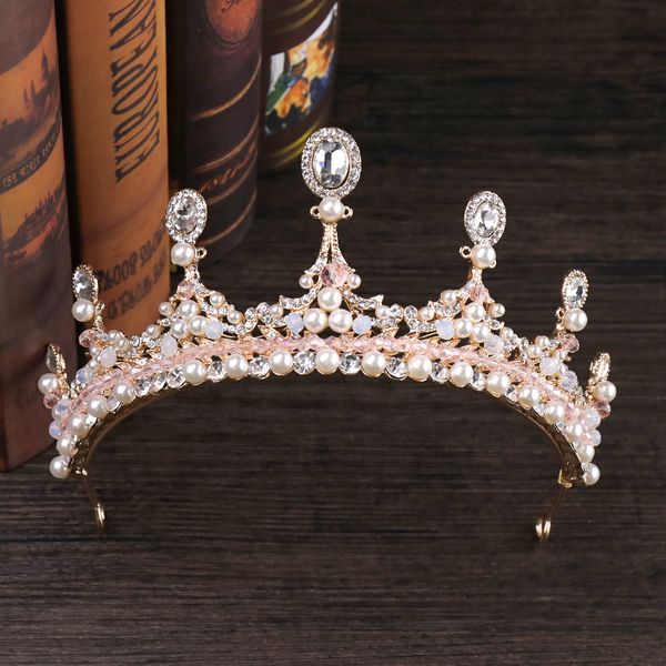 

new wedding hair accessories luxury pink rhinestone crystal pearl crown handmade tiara bride crown hair accessories queen tiaradio chan cont, Golden;white