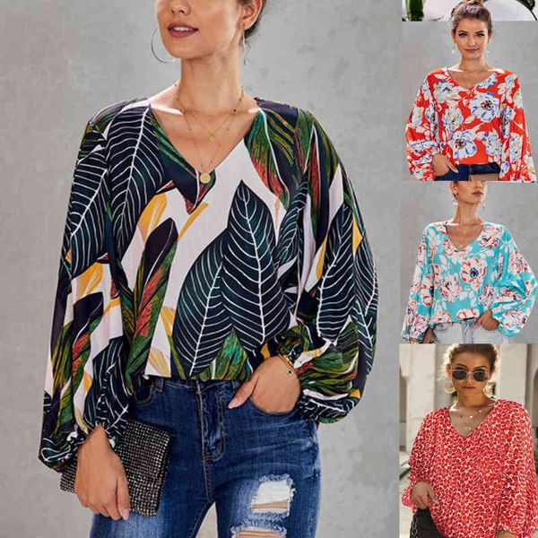 

Shirt Women' New Loose Shirt Print Loose V-neck Lantern Sleeve Top, Red