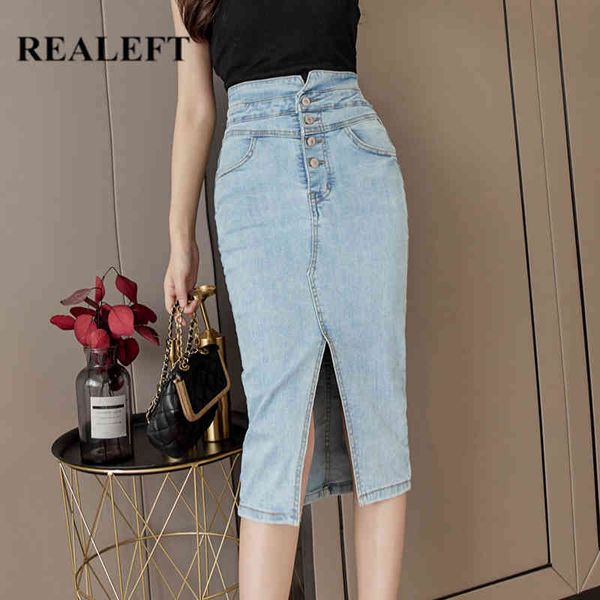 Frühling Sommer Vintage Frauen Denim Wrap Rock Hohe Wasit Tasten Jeans Röcke Weibliche Bleistift Vorder Split 210428