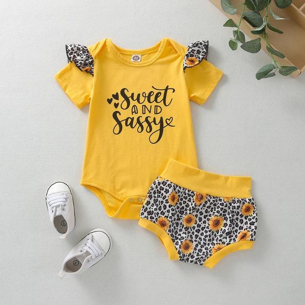 

clothing sets two-piece kids born baby girls summer letter romper+sunflowers leopard shorts outfits set 2021, White