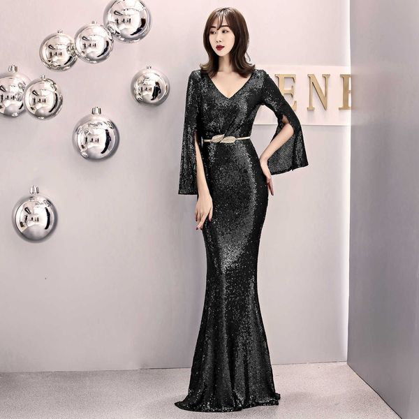 

luxury evening dress 1572# evening female banquet elegant host slim sequin long fishtail winter, Black;gray