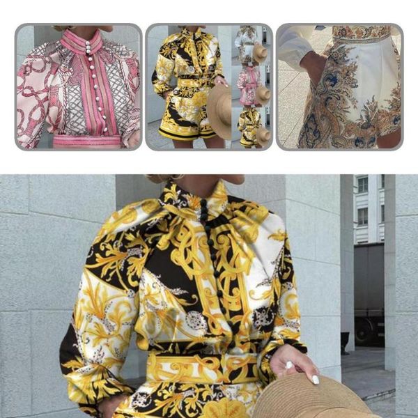 

women's tracksuits elegant 1 set casual vintage pattern print single breasted shirt shorts women outfit for party, Gray