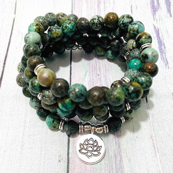 SN1538 Natrural 8 mm Afrikanischer Türkis 108 Mala Armband Trendy Lotus Charm Yoga Armband Für Frauen Meditation Balance Schmuck