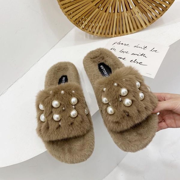 

string bead fur slippers women muffins flip flops pantuflas fairy warm plush ladies shoes thicken soled pearl fluffy slides 2021, Black