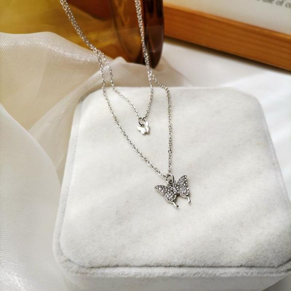 

chains trendy fashion creative design double butterfly necklace elegant temperament full rhinestone simple ladies clavicle chain, Silver