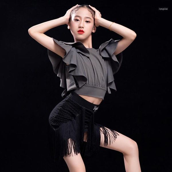 

latin dance dress kids cha rumba samba dancing wear fashion halter fringed skirt girls practice split costumes1, Black;red