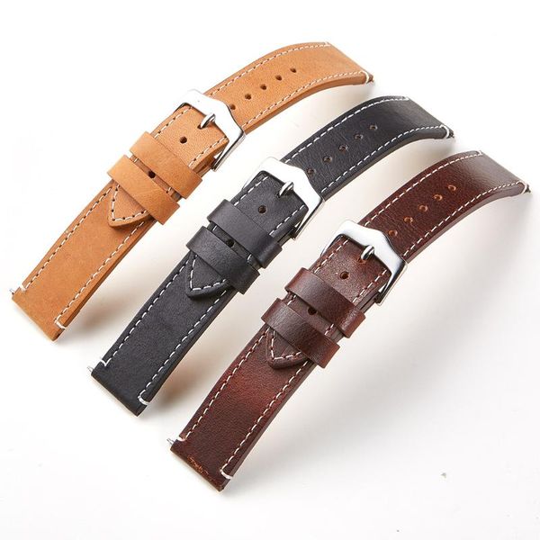 

watch bands man fashion wax oil leather metal steel buckle sewing side matte soft quality 20mm 22mm watchbands wb01, Black;brown
