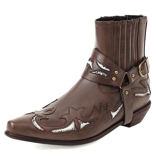 

boots lucyever 2021 retro buckle western cowboy women pointed toe thick heels ankle female slip on pu leather botas woman, Black