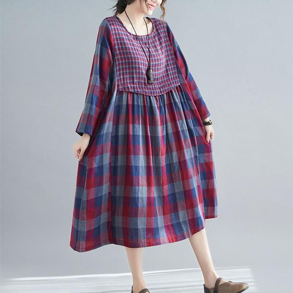 

casual dresses 2021 arrival print plaid patchwork loose autumn dress cotton linen vintage office lady work women spring, Black;gray