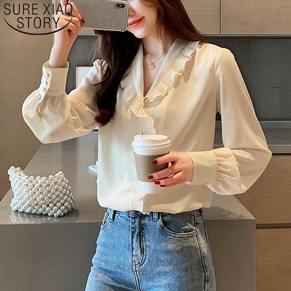 

autumn fashion chiffon blouses long sleeve beading casual solid v-neck women clothing office lady 6286 50 210415, White