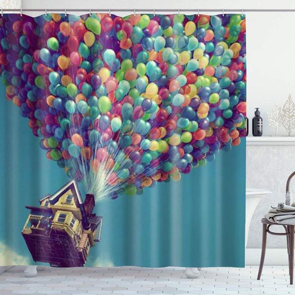 

shower curtain a lot of colorful balloon take the house fly in the sky like the movie up polyester fabric waterproof bath