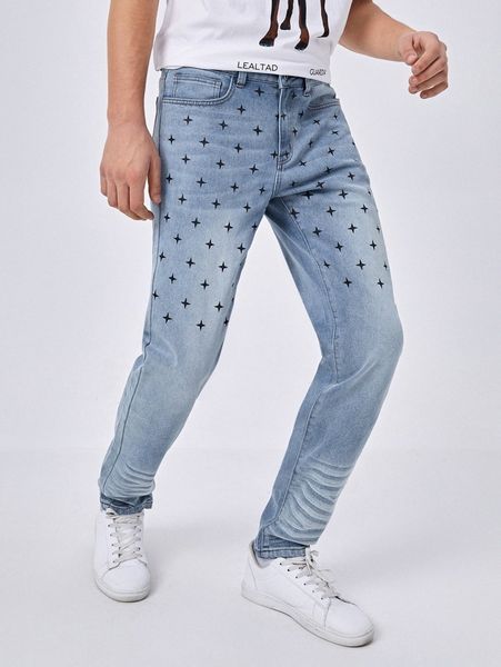 

men star print straight leg jeans q3d8#, Blue