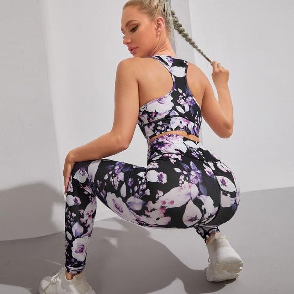 

yoga outfit clothing purple camouflage set sports wear women gym fitness booty print leggings sport bra suit