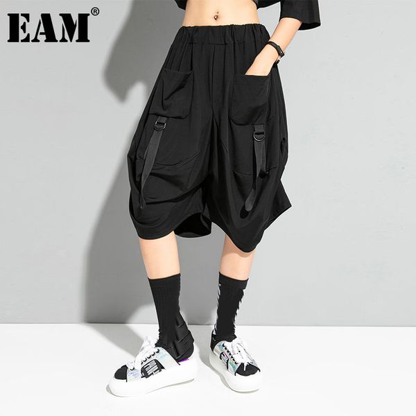 

[eam] high elastic waist black pocket wide leg casual trousers loose fit pants women fashion spring summer 1dd6691 210512, Black;white