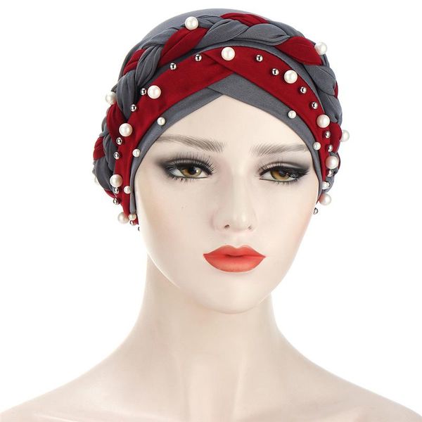 

ethnic clothing women's hair care islamic jersey head scarf milk silk muslim hijab beads braid wrap stretch turban hat chemo cap, Red