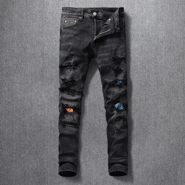 

men's jeans high street fashion men retro black gray elastic slim fit ripped for patchwork designer hip hop denim punk pants, Blue