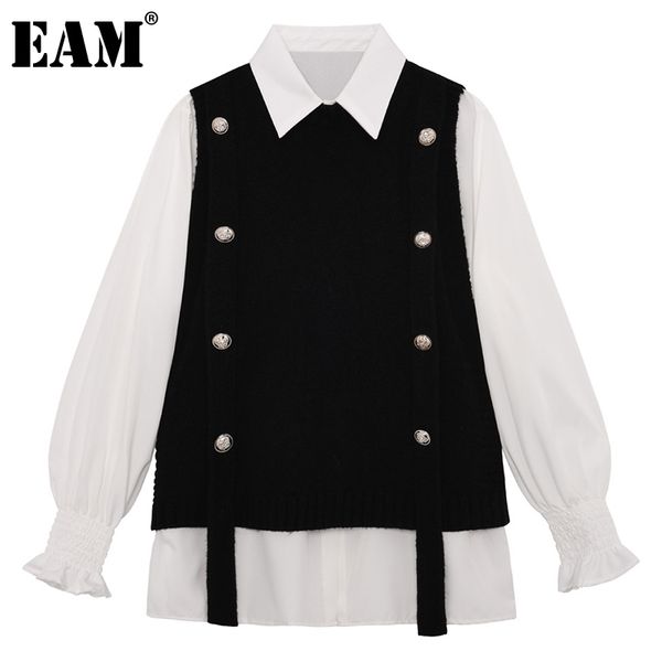 

[eam] women balck big size knitting blouse lapel puff sleeve loose fit shirt fashion spring autumn 1dd6917 210512, White