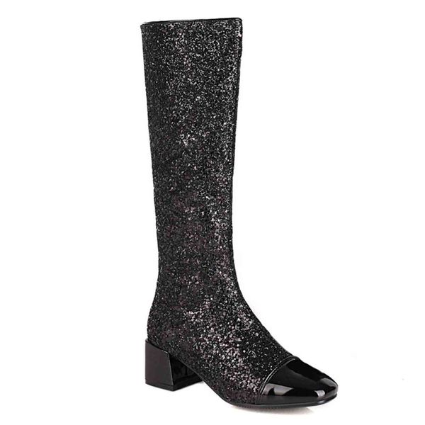 

boots glitter stitching patent leather knee-length sequined thick heel square toe shiny women's winter short plush shoes ve1j, Black