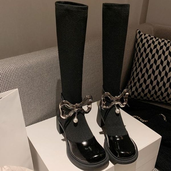 

boots leather autumn and winter women's stockings elastic bow shoes black knee high