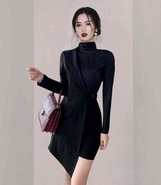 

spring women fake two pieces blazer jacket turtleneck long sleeve female office ladies patchwork slim irregular dresses 210514, Black;gray