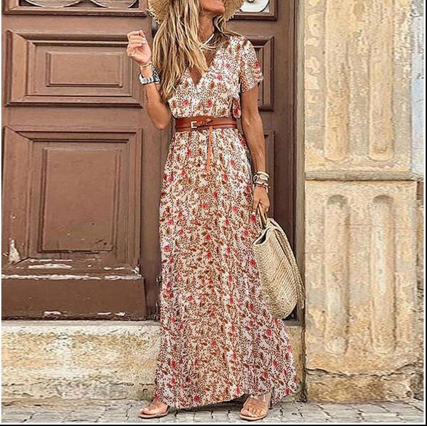

womens floral dresses vintage boho long dress print v neck short sleeve elegant bohemian vestidos plus size, Black;gray