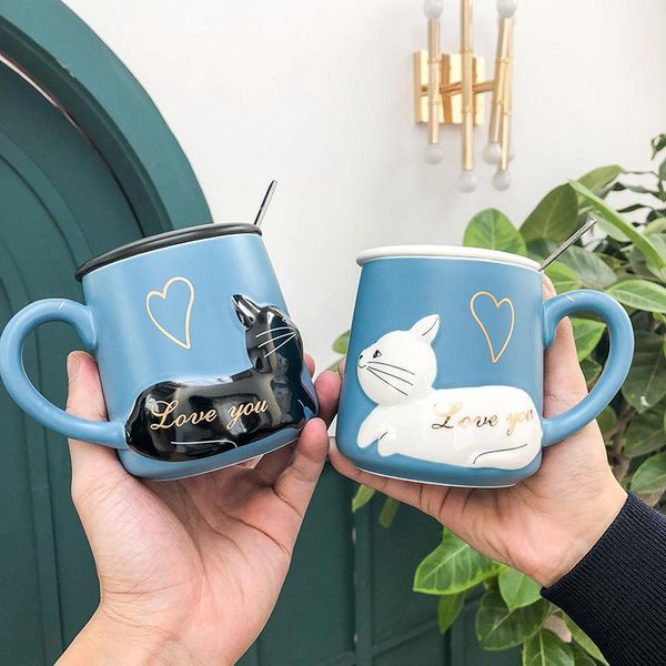 

mugs 3d relief cat ceramic cup with spoon water cartoon art little fresh boys and girls lovers