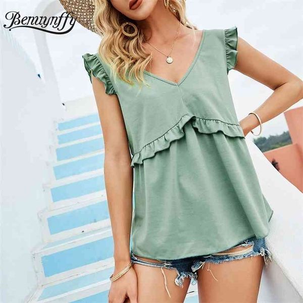 

double v-neck solid frill trim women blouses summer korean style sleeveless ladies sweet casual blusas 210510, White