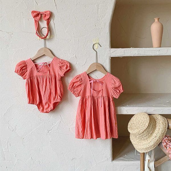 

korean baby girls romper born solid jumpsuit sister matching clothes twin outfits children dress with hairband 210615, Red;yellow