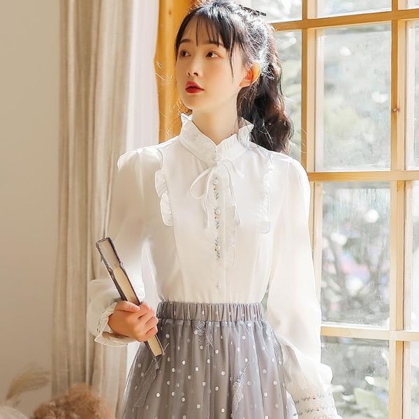 

women's blouses & shirts elegant blouse women white all-match shirt spring 2021 high collar chic embroidered lace temperament vestidos