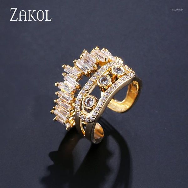 

cluster rings zakol fashion cubic zirconia clear crystal adjustable open elegant wedding engagement jewelry ring, Golden;silver