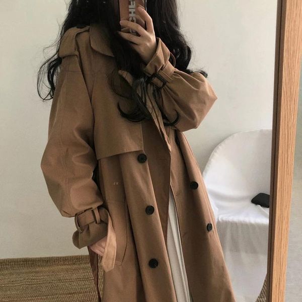 

women's trench coats women coat casual long outerwear loose overcoat with belt winter fashion double-breasted windbreaker femme y25, Tan;black