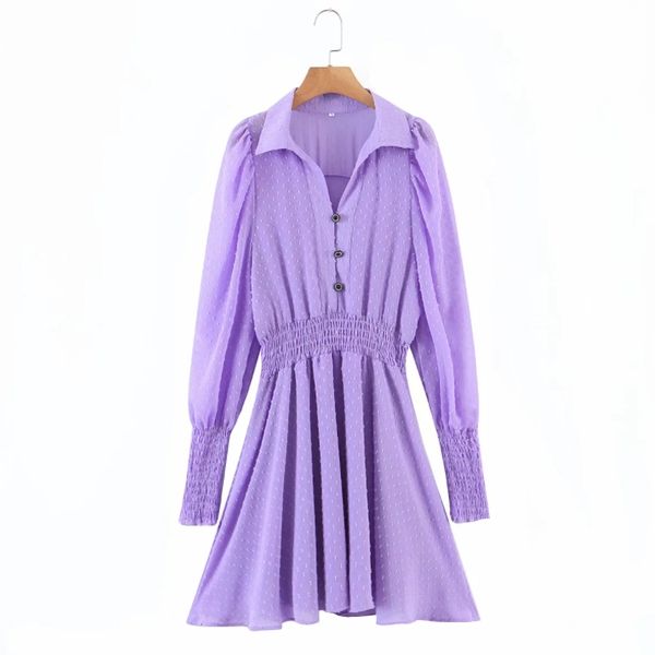 

spring women dot flocking chiffon violet mini dress female lantern sleeve clothes casual lady loose vestido d7285 210430, Black;gray