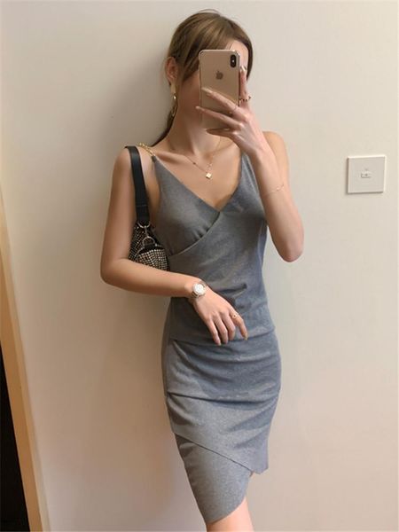 

casual dresses summer dress for women korean styletemperament high waist solid color irregular vestido de mujer commuter hedging robe femme, Black;gray