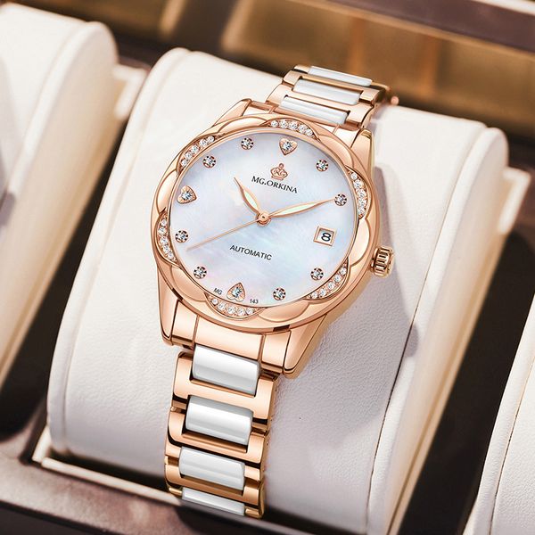 

watch 2021 net red women's automatic mechanical hollow fashion waterproof oujina, Slivery;brown