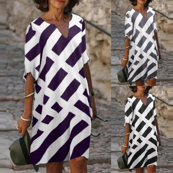 

casual dresses summer boho half sleeve loose dress ladies fashion retro v-neck striped printed short daily wearing robe femme 2021, Black;gray