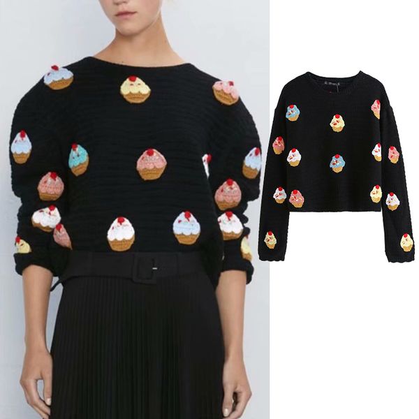 

women's sweaters women autumn cake embroidery print o-neck knitted sweater winter knitted sweaters long sleeve casual loose knit p, White;black