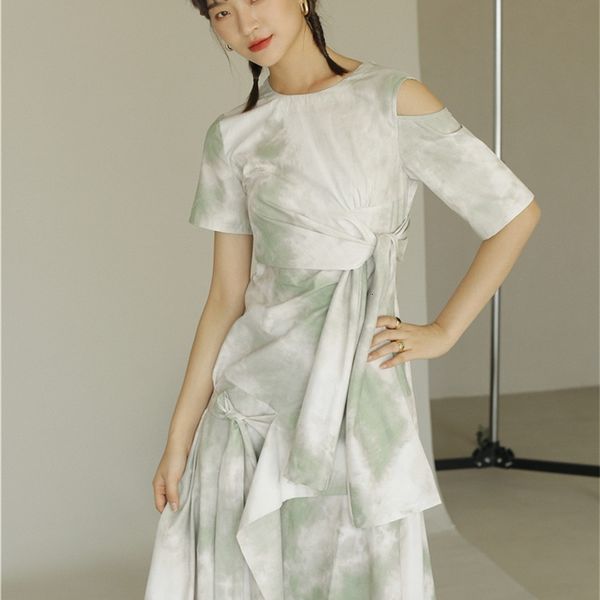 

casual dresses tie dye cut out women designer short sleeve a line t shirt lace up midi summer fashion w9cx, Black;gray