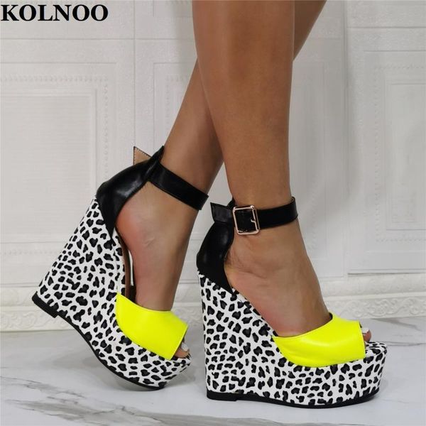 

sandals kolnoo real pictures handmade ladies wedges heel peep-toe patchwork leather summer evening party fashion shoes, Black