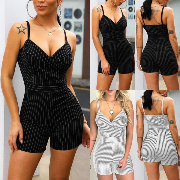 

striped style fashion clubwear womens jumpsuit playsuit party stripe casual skinny sleeveless short, Black;white