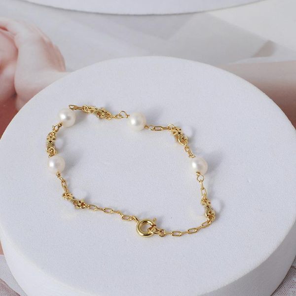 

link, chain brand genuine simple freshwater pearl with t letter metal bracelet for women brass plated 18k gold fadeless wholesale, Black
