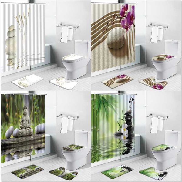 

shower curtains zen garden stones flower landscape curtain home decor bathroom set flannel non-slip carpet mats toilet cover rug