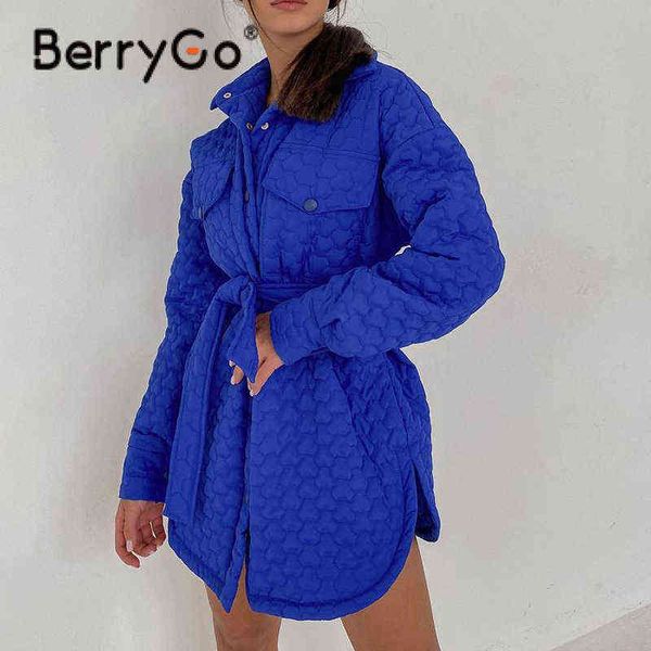 Berrygo Elegante Royal Azul Za Parka Mulheres Casaco de Inverno Manga Longa Lapela Sash Quilted Casacos Soltos Soltos Bolso Down Jacket Mulheres 211130