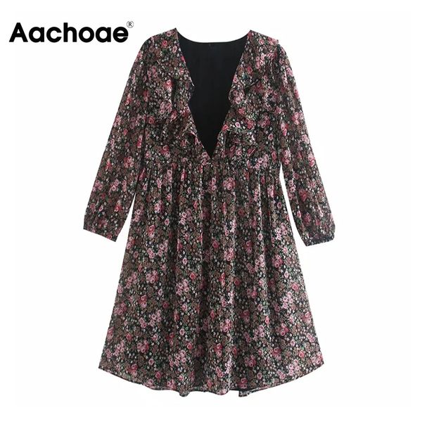 

deep v neck floral print boho dress ruffles chiffon mini dress sundress long sleeve beach pleated dress femme robe, Black;white