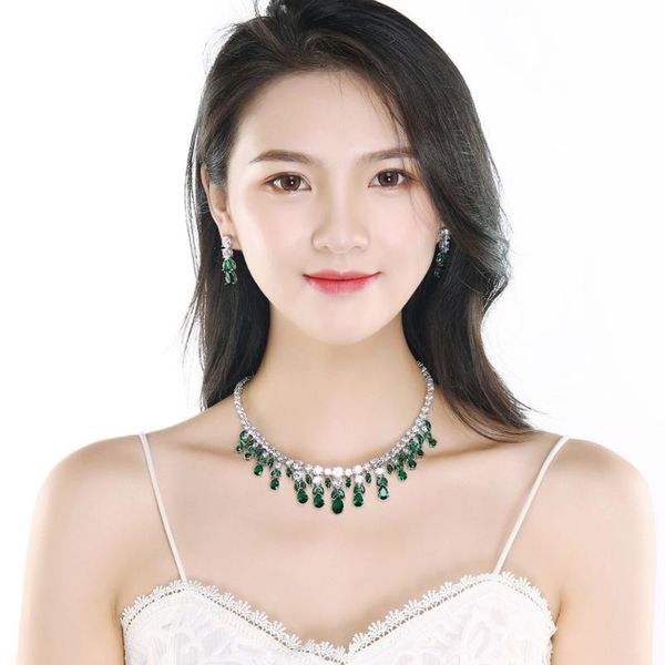 

earrings & necklace luxury bling brilliant black shiny cubic zircon for women bijoux wedding bridal jewelry sets dress accessories, Silver