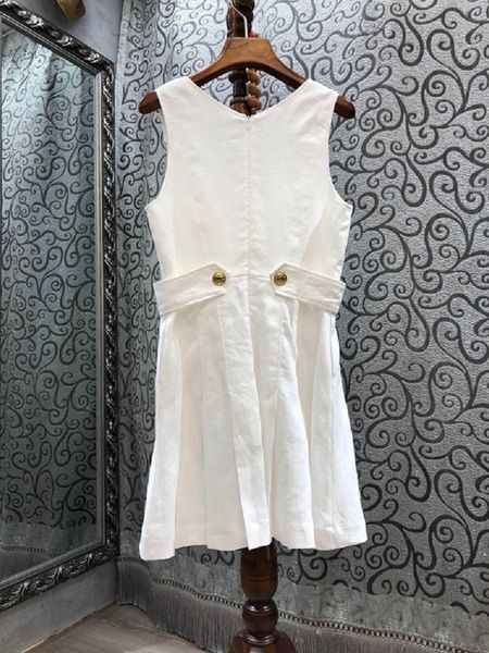 

dresses 100%linen spring summer party club ladies v-neck golden buttons deco sleeveless white rose red above knee, Black;gray