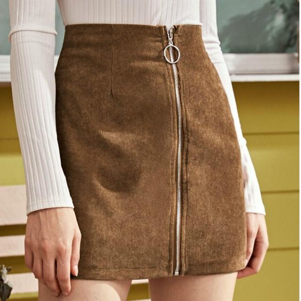 

skirts stylish corduroy skirt slim women mini casual zipper high waist bodycon solid color woman womens streetwear, Black