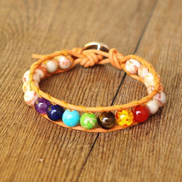 

charm bracelets 7 chakra bracelet & bangle 8mm stone beads boho yoga wrap leather women men fashion jewelry gift, Golden;silver