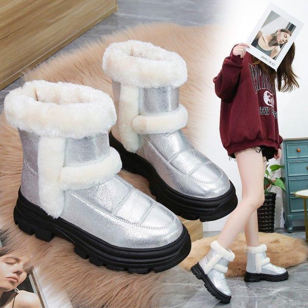 

boots women's snow boots, fashion casual shoes, warm autumn and winter plus velvet locomotive flat, Black