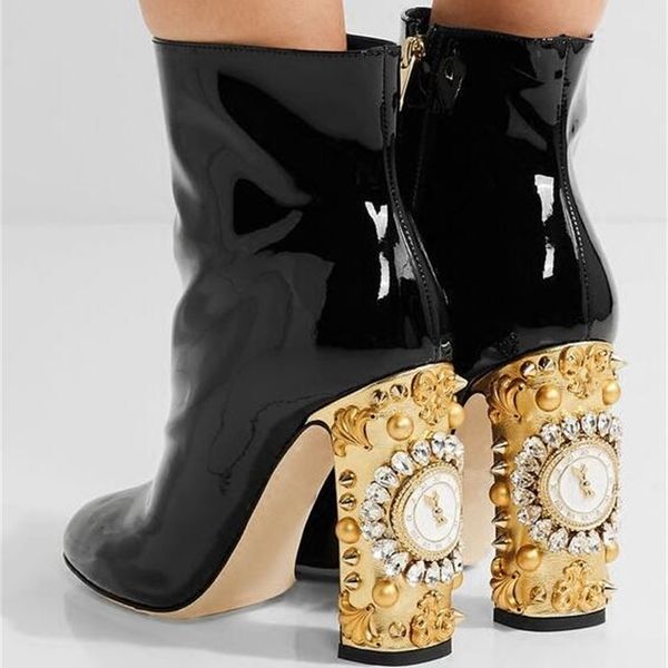 

boot pro-order est black patent-female leather thick heel boots gold screw prisoner beautified ankle bootie gout vessel